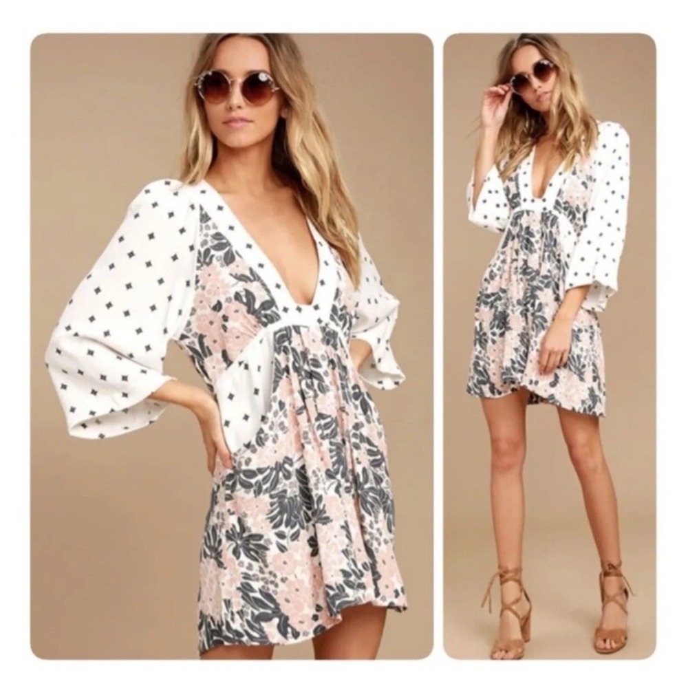 Free People Tallula Mini Dress XS White Floral Boho Festival Kimono Sleeve